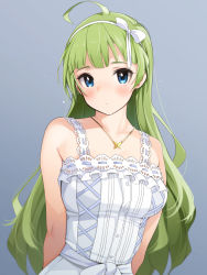 Rule 34 | 1girl, ahoge, arms behind back, birthday, blue eyes, blush, bow, breasts, closed mouth, commentary, dress, fed (giba), green hair, grey background, hair bow, highres, idolmaster, idolmaster million live!, jewelry, long hair, looking at viewer, medium breasts, necklace, shimabara elena, simple background, sleeveless, sleeveless dress, solo, upper body, white dress