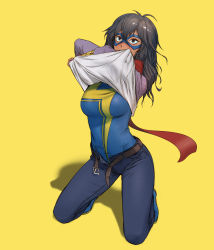 Rule 34 | 1girl, animification, belt, blue footwear, blush, bracer, brown hair, clothes lift, dark-skinned female, dark skin, denim, domino mask, highres, jeans, jung myung lee, kamala khan, kneeling, lifting own clothes, looking at viewer, marvel, mask, medium hair, ms. marvel, open belt, open fly, pants, scarf, shadow, shirt lift, simple background, solo, superhero costume, teeth, unbuckled, undressing, yellow background