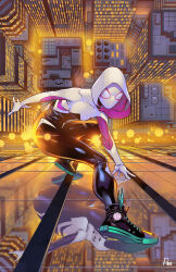 1girl absurdres black_bodysuit bodysuit building city gwen_stacy highres hood hooded_bodysuit looking_at_viewer marvel multicolored_bodysuit night outdoors paris_alleyne pink_bodysuit reflection signature skyscraper solo spider-gwen spider-man_(series) superhero_costume white_bodysuit