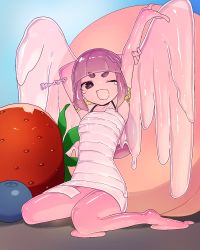 Rule 34 | 1girl, akira (meltyhip), armpits, black eyes, blueberry, blunt bangs, colored sclera, colored skin, dot nose, dress, food, fruit, highres, looking at viewer, mini person, minigirl, monster girl, one eye closed, open mouth, original, pink pupils, pink sclera, pink skin, purple hair, short dress, sitting, slime girl, strawberry, stretching, tears, thick eyebrows, white dress, wings, yawning
