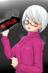 Rule 34 | 1boy, 1girl, absurdres, black-framed eyewear, blush, bob cut, borrowed character, censored, commentary request, eisu-chan (eisu), flying sweatdrops, glasses, hetero, highres, kitsunerider, long sleeves, looking to the side, netflix, nose blush, novelty censor, open mouth, original, penis, penis awe, penis silhouette, pink sweater, semi-rimless eyewear, short hair, silhouette, smile, solo focus, sweater, turtleneck, turtleneck sweater, under-rim eyewear, upper body, white hair