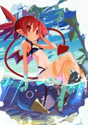 Rule 34 | 1girl, absurdres, bikini, black bikini, breasts, demon tail, disgaea, etna (disgaea), flat chest, highres, holding, looking at viewer, makai senki disgaea, miyakawa106, ocean, partially submerged, prinny, red eyes, red hair, short twintails, sketch, small breasts, smile, swimsuit, tail, twintails, wet