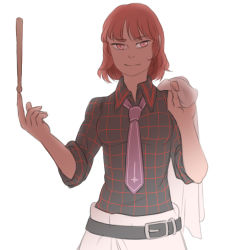 1girl belt drumsticks female_focus horikawa_raiko jacket lowres mefomefo necktie plaid_clothes plaid_shirt purple_necktie red_eyes red_hair shirt short_hair smile solo touhou unworn_jacket