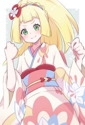 Rule 34 | 1girl, absurdres, blonde hair, blush, clenched hands, closed mouth, creatures (company), game freak, green eyes, highres, japanese clothes, kimono, lillie (new year&#039;s 2021) (pokemon), lillie (pokemon), long hair, looking at viewer, nintendo, obi, official alternate costume, piyo to game, pokemon, pokemon masters ex, ponytail, sash, smile, solo, wide sleeves