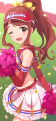 Rule 34 | 1girl, blurry, blurry background, bow, cheerleader, confetti, elbow gloves, frilled skirt, frills, gloves, hat, highres, idolmaster, idolmaster million live!, idolmaster million live! theater days, inuyama nanami, looking at viewer, one eye closed, pom pom (cheerleading), red eyes, red gloves, red hair, red hat, red tank top, skirt, solo, tanaka kotoha, tank top, visor, visor cap, white skirt, yellow bow
