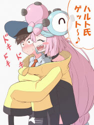Rule 34 | 1boy, 1girl, :d, absurdres, blue hair, blush, blush stickers, brown eyes, brown hair, character hair ornament, closed eyes, closed mouth, collared shirt, commentary request, creatures (company), eyelashes, florian (pokemon), game freak, green hair, hair ornament, hat, highres, hug, hug from behind, iono (pokemon), jacket, japanese text, kurachi mizuki, long hair, multicolored hair, musical note, necktie, nervous, nervous sweating, nintendo, open mouth, orange necktie, oversized clothes, pink hair, pokemon, pokemon sv, shared clothes, sharp teeth, shirt, short hair, simple background, sleeves past fingers, sleeves past wrists, smile, speech bubble, sweat, teeth, tongue, translation request, two-tone hair, under another&#039;s clothes, upper teeth only, very long sleeves, white background, yellow jacket