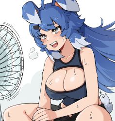 Rule 34 | 1girl, ahoge, animal ears, blue hair, blush, breasts, breath, cleavage, cleavage cutout, clothing cutout, commentary, commission, electric fan, english commentary, feet out of frame, grey eyes, hair ornament, highres, hot, large breasts, long hair, midriff, oninuer, open mouth, original, shiny, shiny hair, shiny skin, shorts, sitting, sleeveless, solo, sweat, tail, teeth, upper teeth, white background, white hair