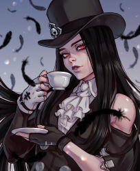Rule 34 | 1other, absurdres, androgynous, ascot, asymmetrical gloves, asymmetrical sleeves, bare shoulders, black feathers, black gloves, black hair, black headwear, coffee cup, collar, cup, disposable cup, feathers, fingerless gloves, gloves, guilty gear, guilty gear strive, hat, hat ornament, highres, holding, holding cup, holding saucer, long hair, long sleeves, looking at viewer, makeup, other focus, parted lips, red eyes, saucer, seikatattoo, skull hat ornament, studded collar, testament (guilty gear), top hat, upper body, white ascot, white gloves