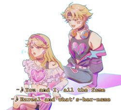 Rule 34 | 1boy, 1girl, :d, :o, bare shoulders, belt, blonde hair, english text, ezreal, fang, hairband, heart, highres, jacket, league of legends, long hair, looking at another, lux (league of legends), miniskirt, off shoulder, open mouth, pants, pink eyes, pink hairband, pink skirt, short hair, single bare shoulder, sitting, skirt, smile, teeth, ye (brie kmko0)