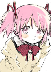 Rule 34 | 1girl, blush stickers, bow, coat, collared shirt, commentary, hair ribbon, high collar, juliet sleeves, kaname madoka, leaning forward in chair diagram (meme), long sleeves, looking at viewer, mahou shoujo madoka magica, mahou shoujo madoka magica (anime), meme, mitakihara school uniform, no+bi=, parted lips, pink eyes, pink hair, puffy sleeves, red bow, red ribbon, ribbon, school uniform, shirt, short hair, short twintails, simple background, solo, symbol-only commentary, twintails, upper body, white background, white coat, yellow shirt, yellow sleeves