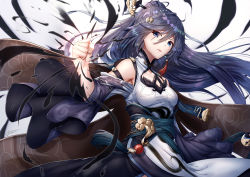 Rule 34 | 1girl, blue eyes, blue hair, china dress, chinese clothes, clenched hand, clothing cutout, cloud print, commentary request, cowboy shot, dress, fu hua, fu hua (azure empyrea), hair between eyes, hair ornament, hairpin, honkai (series), honkai impact 3rd, ink, long hair, looking at viewer, obi, pleated sleeves, sash, shoulder cutout, signature, solo, very long hair, wide sleeves, wind, xfate
