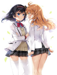 Rule 34 | &gt;:), 2girls, antenna hair, black hair, blazer, blue eyes, blush, bow, braid, brown eyes, brown hair, closed mouth, collared shirt, commentary, crossed arms, dress shirt, eye contact, grey shirt, grey skirt, hairband, jacket, long hair, long sleeves, looking at another, multiple girls, natsume eri, open clothes, open jacket, open mouth, original, plaid, plaid skirt, pleated skirt, profile, red bow, red hairband, red scrunchie, school uniform, scrunchie, shirt, simple background, skirt, smile, sweat, sweater vest, symbol-only commentary, thighhighs, v-shaped eyebrows, wavy mouth, white background, white jacket, white legwear, wrist scrunchie