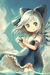 Rule 34 | 1girl, adapted costume, alternate costume, bad id, bad pixiv id, blue eyes, blue hair, bow, cirno, cloud, day, fairy, frills, frog, frozen, frozen frog, hair bow, hair ornament, ice, ice wings, looking at viewer, matching hair/eyes, partially submerged, puffy sleeves, shirt, short hair, short sleeves, silence girl, skirt, sky, smile, solo, touhou, wading, water, wings