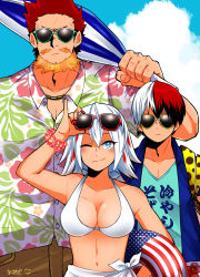 Rule 34 | 10s, 1girl, 2boys, ;), american flag, beach, beach umbrella, bikini, bikini top only, blue eyes, blue sky, boku no hero academia, breasts, brother and sister, cleavage, closed mouth, cloud, collarbone, collared shirt, commentary request, day, endeavor (boku no hero academia), eyewear on head, facial hair, facing viewer, family, father and daughter, father and son, fire, floral print, flower, goatee, gradient hair, happy, hawaiian shirt, highres, innertube, looking at viewer, maririn 4645, medium breasts, midriff, multicolored hair, multiple boys, mustache, nail polish, navel, one eye closed, open clothes, outdoors, pants, parasol, red hair, shirt, short hair, siblings, sideburns, sky, smile, spiked hair, sunglasses, sunglasses on head, swim ring, swimsuit, todoroki fuyumi, todoroki shouto, towel around waist, two-tone hair, umbrella, white bikini, white hair, wink