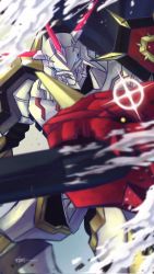 Rule 34 | armor, blue eyes, cannon, digimon, highres, horns, looking at viewer, omegamon alter-s, solo