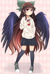 Rule 34 | 1girl, alternate costume, argyle, argyle background, argyle clothes, bird wings, black skirt, black socks, black wings, blush, breasts, brown eyes, brown hair, casual, chitose hachi, closed mouth, commentary request, contemporary, contrapposto, drawstring, expressionless, full body, green footwear, hand in pocket, heel up, highres, holding, holding phone, hood, hood down, hoodie, long hair, looking at viewer, medium bangs, phone, pink background, pleated skirt, reiuji utsuho, shoes, sidelocks, skirt, small breasts, sneakers, socks, solo, standing, third eye, touhou, very long hair, white hoodie, wings