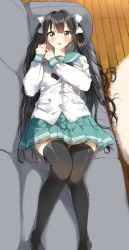 Rule 34 | 1girl, aqua sailor collar, aqua skirt, black hair, black thighhighs, blush, bow, brown eyes, couch, feet out of frame, hair bow, hands up, highres, holding, indoors, long hair, long sleeves, looking at viewer, lying, no shoes, on back, on couch, original, pentagon (railgun ky1206), pleated skirt, sailor collar, school uniform, serafuku, shirt, skirt, solo, thighhighs, twintails, twintails day, very long hair, white bow, white shirt, wooden floor
