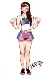 Rule 34 | 1girl, ankle socks, breasts, brown hair, commentary, d.va (overwatch), earrings, facial mark, full body, grin, hair over shoulder, highres, jewelry, long hair, navel, overwatch, overwatch 1, pointing, pointing at self, robaato, shorts, small breasts, smile, socks, solo, standing, straight hair, tank top, whisker markings