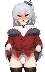 Rule 34 | 1boy, bare shoulders, black bow, blush, bow, bow panties, bulge, coat, collar, cowboy shot, cropped legs, eyebrow visible through hair, flaccid, fur-trimmed coat, fur-trimmed jacket, fur trim, grey hair, hair between eyes, hair bow, hair ornament, half updo, highres, in (ain), jacket, lifting own clothes, long hair, long sleeves, looking at viewer, nose blush, off-shoulder jacket, off shoulder, open mouth, panties, penis, red coat, red jacket, see-through clothes, side ponytail, simple background, small penis, solo, steam, steaming body, striped bow, sweat, sweatdrop, sweater, thighhighs, thighs, tongkkangi, tongkkangi (streamer), trap, triangle mouth, underwear, virtual youtuber, white background, white panties, winter clothes, winter coat, yellow eyes