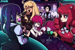 Rule 34 | 1boy, 5girls, absurdres, alma armas, android, animal ears, artificial eye, artist name, bar (place), bartender, blonde hair, cat ears, cat girl, cocktail, cocktail glass, cup, dana zane, dorothy haze, drinking glass, english text, facial hair, gillian (va-11 hall-a), goatee, highres, holding, holding cup, jill stingray, mechanical arms, mechanical eye, muds, muds (tentacles r us), multiple girls, pink hair, purple hair, red hair, reflection, stella hoshii, sweatdrop, va-11 hall-a, white hair, wine glass