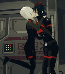 Rule 34 | 2girls, 3d, android, ariane yeong, atelier (arainydancer), black hair, blue eyes, closed eyes, cyberpunk, elster (signalis), hat, joints, kiss, kissing cheek, multiple girls, robot joints, science fiction, signalis, smile, yuri