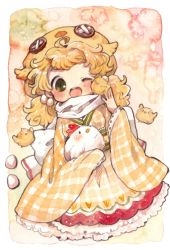 Rule 34 | 1girl, animal, animal hat, bird, blonde hair, blush, bow, chick, chicken, chinese zodiac, egg, frills, gingham dress, green eyes, happy new year, hat, holding, holding animal, japanese clothes, mokarooru, new year, no legs, one eye closed, open mouth, original, rooster, short twintails, solo, twintails, white bow, year of the rooster