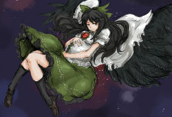 Rule 34 | 1girl, black hair, bow, cape, female focus, hair bow, has bad revision, has downscaled revision, highres, long hair, md5 mismatch, michael-x, pregnant, red eyes, reiuji utsuho, resolution mismatch, smile, solo, source smaller, touhou, wings