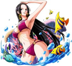 Rule 34 | 1girl, armpits, bikini, black hair, blue eyes, boa hancock, bodskih, breasts, cleavage, fish, floating hair, hand on own hip, large breasts, long hair, lowres, navel, o-ring, o-ring bikini, one piece, one piece treasure cruise, parted lips, red bikini, sideboob, smile, solo, standing, swimsuit, transparent background, underboob, very long hair, wading
