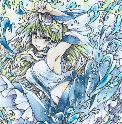 Rule 34 | 1girl, :d, armpits, blouse, blue skirt, commentary, detached sleeves, frog hair ornament, green eyes, green hair, hair between eyes, hair ornament, hand up, kochiya sanae, long hair, looking at viewer, marker (medium), midriff, mikama, navel, open mouth, petticoat, shirt, sideways glance, skirt, smile, snake hair ornament, solo, splashing, touhou, traditional media, upper body, water, white shirt, wide sleeves