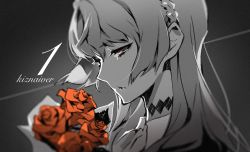 Rule 34 | 10s, 1girl, bouquet, copyright name, flower, gradient background, half-closed eyes, highres, kiznaiver, limited palette, long hair, monochrome, parted lips, portrait, red flower, red rose, rose, solo, sonozaki noriko, spot color, yoneyama mai