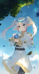 Rule 34 | 1girl, absurdres, bai-hyacinth, belt, black belt, bouquet, capelet, closed mouth, cloud, dress, earrings, flower, frieren, green eyes, grey hair, highres, jewelry, looking at viewer, pointy ears, sky, solo, sousou no frieren, standing