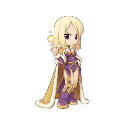 Rule 34 | 1girl, blonde hair, book, boots, breasts, brown cape, cape, chibi, cleavage, closed mouth, dress, full body, fur-trimmed boots, fur-trimmed cape, fur trim, grimoire, hand on own hip, index finger raised, long hair, looking at viewer, magic, medium breasts, official art, purple dress, purple eyes, purple footwear, ragnarok online, short dress, simple background, smile, solo, standing, tachi-e, transparent background, wizard (ragnarok online), yuichirou