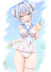 Rule 34 | 1girl, :p, absurdres, azur lane, blue eyes, blush, bracelet, breasts, casual one-piece swimsuit, clothes pull, collarbone, covered navel, crossed bangs, double bun, food, gluteal fold, hair between eyes, hair bun, hair intakes, hair ornament, hairclip, hand up, highres, holding, holding food, holding popsicle, jade (a lick of summer) (azur lane), jade (azur lane), jewelry, medium breasts, official alternate costume, one-piece swimsuit, pink nails, popsicle, qian hen, sailor collar, sailor one-piece swimsuit, solo, swimsuit, thigh gap, thigh strap, tongue, tongue out, white hair, white one-piece swimsuit