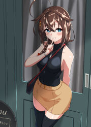 Rule 34 | 1girl, absurdres, ahoge, alternate costume, arm behind back, bag, bare shoulders, between breasts, black thighhighs, blue eyes, blush, bracelet, braid, breasts, brown hair, collarbone, commentary request, covered navel, cowboy shot, curtains, dog tags, door, finger to mouth, hair between eyes, hair flaps, hair ornament, hairclip, handbag, highres, jewelry, kantai collection, long hair, looking at viewer, medium breasts, menu board, miniskirt, necklace, outdoors, parted lips, shiba (zudha), shigure (kancolle), sideboob, sign, single braid, skirt, smile, solo, thighhighs, window, yellow skirt, zettai ryouiki