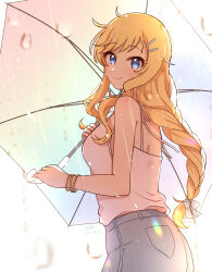 Rule 34 | 1girl, absurdres, artist name, bare arms, bare shoulders, blue eyes, bow, bracelet, breasts, dated, denim, from side, grk 11601, hair bow, hair ornament, hairclip, highres, holding, holding umbrella, idolmaster, idolmaster cinderella girls, jeans, jewelry, large breasts, long hair, ohtsuki yui, pants, pink shirt, shirt, shirt tucked in, signature, smile, solo, umbrella, white bow