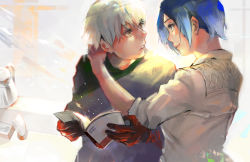Rule 34 | 1boy, 1girl, arms around neck, black shirt, blue eyes, blue hair, book, colored skin, commentary request, couple, cup, eye contact, gradient background, grey background, grey hair, grey shirt, highres, holding, holding book, kaneki ken, kirishima touka, kyuuba melo, long sleeves, looking at another, mug, open book, parted lips, red skin, shiny clothes, shirt, short hair, smile, teeth, tokyo ghoul, tokyo ghoul:re