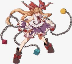 Rule 34 | 1girl, ball and chain (weapon), blonde hair, blouse, boots, bow, chain, fingernails, full body, grin, hair bow, highres, horn ornament, horn ribbon, horns, ibuki suika, long hair, looking at viewer, namataro, neck ribbon, oni, red eyes, ribbon, sharp fingernails, shirt, skirt, smile, solo, torn clothes, torn sleeves, touhou, white background, wrist cuffs
