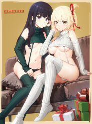 Rule 34 | 2girls, absurdres, alternate costume, artist name, black hair, blonde hair, box, breasts, christmas, commentary request, couch, detached sleeves, edgar syu, garter straps, gift, gift box, green panties, green sleeves, green sweater, green thighhighs, highres, inoue takina, large breasts, long hair, looking at viewer, lycoris recoil, medium breasts, meme attire, multiple girls, navel, nishikigi chisato, on couch, panties, purple eyes, red eyes, ribbed legwear, ribbed panties, ribbed sleeves, ribbed sweater, ribbed thighhighs, short hair, sitting, sleeveless, sleeveless sweater, sleeveless turtleneck, sleeves past wrists, sweater, thighhighs, turtleneck, turtleneck sweater, underboob, underwear, virgin destroyer sweater, white garter straps, white panties, white sleeves, white sweater