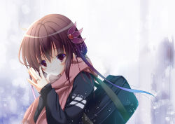 Rule 34 | 1girl, bag, black jacket, brown hair, commentary request, enpera, hair ornament, jacket, jewelry, kamiya yuuji, kantai collection, kisaragi (kancolle), kisaragi kai ni (kancolle), logo, long hair, looking at viewer, own hands together, photoshop (medium), pink scarf, red eyes, ring, scarf, school bag, smile, snow, solo, wedding band, white scarf