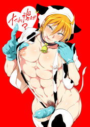 Rule 34 | 1boy, animal costume, bell, neck bell, blue gloves, collar, condom, cow costume, domon seijirou, covered erect nipples, freckles, fukai ni nemuru oujo no abaddon, gloves, highres, lips, male focus, muscular, nipples, orange hair, pubic hair, red background, revealing clothes, simple background, smile, solo, sweat, thighhighs, tokimachi eisei