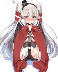 Rule 34 | 10s, 1girl, amatsukaze (kancolle), black panties, blush, brown eyes, cameltoe, choker, commentary request, dress, garter straps, gloves, hair tubes, highres, kantai collection, knees together feet apart, long hair, looking at viewer, mtu (orewamuzituda), nose blush, panties, red thighhighs, sailor collar, sailor dress, short dress, silver hair, single glove, sitting, solo, striped clothes, striped thighhighs, thighhighs, two side up, underwear, white gloves
