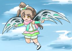 Rule 34 | 1girl, absurdres, aqua sleeves, artist name, artist request, asymmetrical sleeves, bare legs, bare shoulders, blue sky, blush, bow, breasts, brown eyes, brown hair, cloud, day, female focus, full body, green skirt, green sleeves, grey hair, grey wings, hair bobbles, hair bow, hair ornament, highres, light brown hair, long hair, looking at viewer, love live!, love live! school idol project, minami kotori, mismatched sleeves, outdoors, outstretched arms, pants, parted lips, pink scarf, pink skirt, ponytail, sash, scarf, shirt, shoes, shorts, shorts under skirt, side ponytail, skirt, sky, small breasts, smile, socks, solo, spread arms, white bow, white footwear, white pants, white shirt, white shorts, white socks, wings, yellow eyes