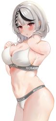 Rule 34 | 1girl, absurdres, ajirou, black hair, blush, bra, bra pull, braid, breasts, clothes pull, clothes writing, from side, furrowed brow, grey hair, hand in own hair, highres, hololive, large breasts, looking at viewer, medium hair, multicolored hair, nail polish, navel, open mouth, panties, pulling own clothes, red eyes, red nails, sakamata chloe, simple background, solo, stomach, strap pull, streaked hair, sweat, two-tone hair, underwear, underwear only, virtual youtuber, white background, white bra, white panties