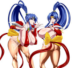 Rule 34 | 1girl, armor, ass, blowing kiss, blue eyes, blue hair, breasts, choujin gakuen gowcaizer, circlet, cleavage, commentary request, covered erect nipples, hishizaki shaia (gowcaizer), huge breasts, leaning forward, lipstick, makeup, ml, multiple views, one eye closed, pantyhose, pauldrons, shoulder armor, sideboob, simple background, smile, thick thighs, thighs, thong, white background