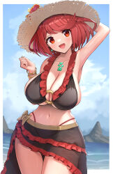 Rule 34 | 1girl, :d, absurdres, armlet, armpits, belly, bikini, black bikini, bracelet, breasts, cleavage, day, earrings, flower, frilled bikini, frills, gonzarez, happy, hat, highres, jewelry, large breasts, md5 mismatch, midriff, navel, o-ring, o-ring bikini, o-ring top, open mouth, outdoors, pyra (xenoblade), red eyes, red hair, ribbon, sideboob, smile, solo, stomach, straw hat, swimsuit, thigh gap, thighs, underboob, water, wide hips, xenoblade chronicles (series), xenoblade chronicles 2