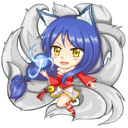 Rule 34 | 1girl, absurdres, ahri (league of legends), animal ears, bare shoulders, black hair, breasts, chibi, detached sleeves, fox ears, fox tail, highres, korean clothes, large breasts, league of legends, long hair, looking at viewer, multiple tails, open mouth, simple background, solo, tail, white background, yellow eyes