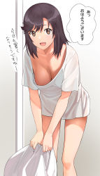 Rule 34 | 1girl, a1 (initial-g), bent over, blush, breasts, brown eyes, brown hair, cleavage, downblouse, ichijou hotaru, large breasts, leaning forward, long hair, looking at viewer, looking up, naked shirt, no bra, non non biyori, shirt, smile, solo, standing, white shirt