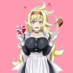 Rule 34 | 1girl, absurdres, apron, blonde hair, blue eyes, blush, box, breasts, buttons, chocolate, collarbone, flying sweatdrops, gambier bay (kancolle), gift, gift box, hair between eyes, heart-shaped box, highres, holding, holding gift, kantai collection, large breasts, long hair, long sleeves, open mouth, pink background, ponytail, simple background, solo, tk8d32, upper body, valentine, white apron