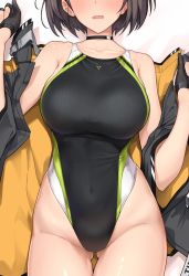 Rule 34 | 1girl, azur lane, baltimore (azur lane), bikini, black hair, black jacket, bob cut, breasts, competition swimsuit, covered navel, cowboy shot, facing viewer, gluteal fold, halcon, head out of frame, highleg, highleg bikini, highleg swimsuit, highres, jacket, large breasts, one-piece swimsuit, open mouth, short hair, simple background, solo, standing, swimsuit, white background