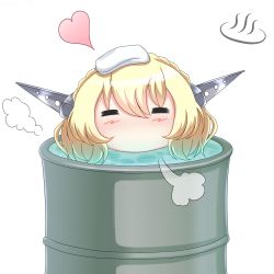 Rule 34 | 1girl, bathing, blonde hair, chibi, colorado (kancolle), drum (container), drum bath, closed eyes, headgear, heart, highres, kantai collection, partially submerged, riretsuto, short hair, solo, towel, towel on head, white towel